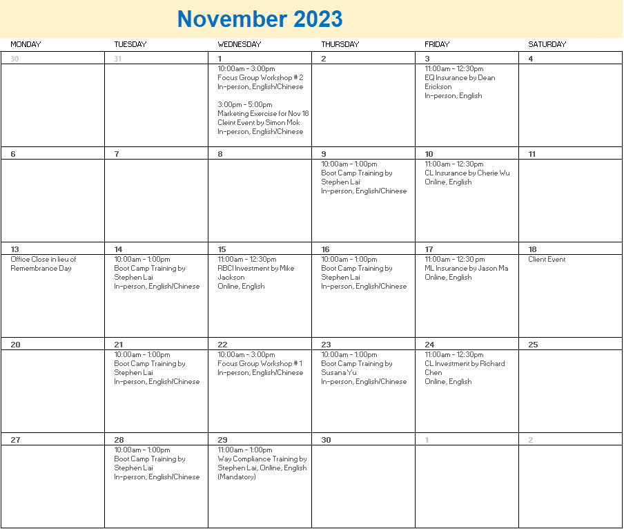 A calendar with a number of days and dates

Description automatically generated
